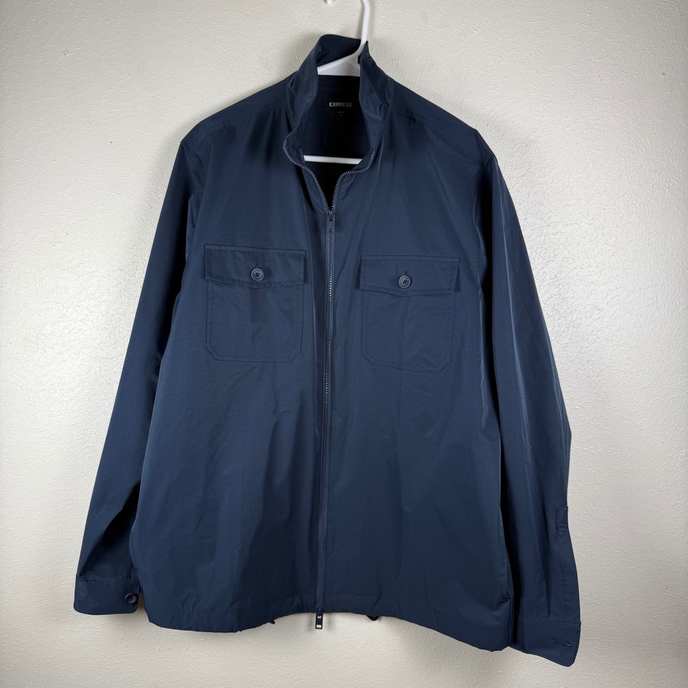 Express Mens Navy Blue Full Zip Windbreaker Jacket L Chest Pockets